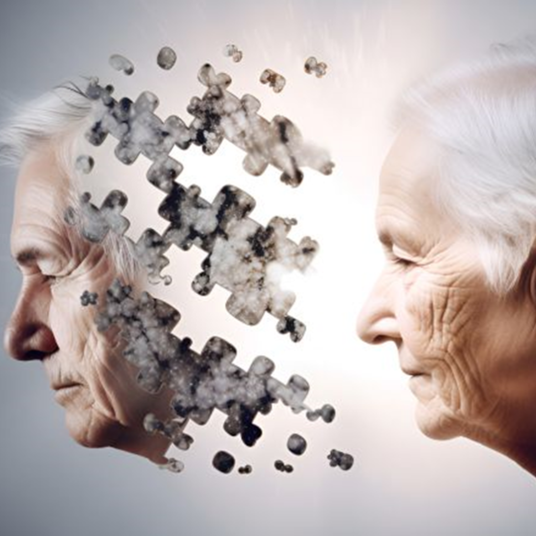 an elderly person's face disintegrates into jigsaw puzzles