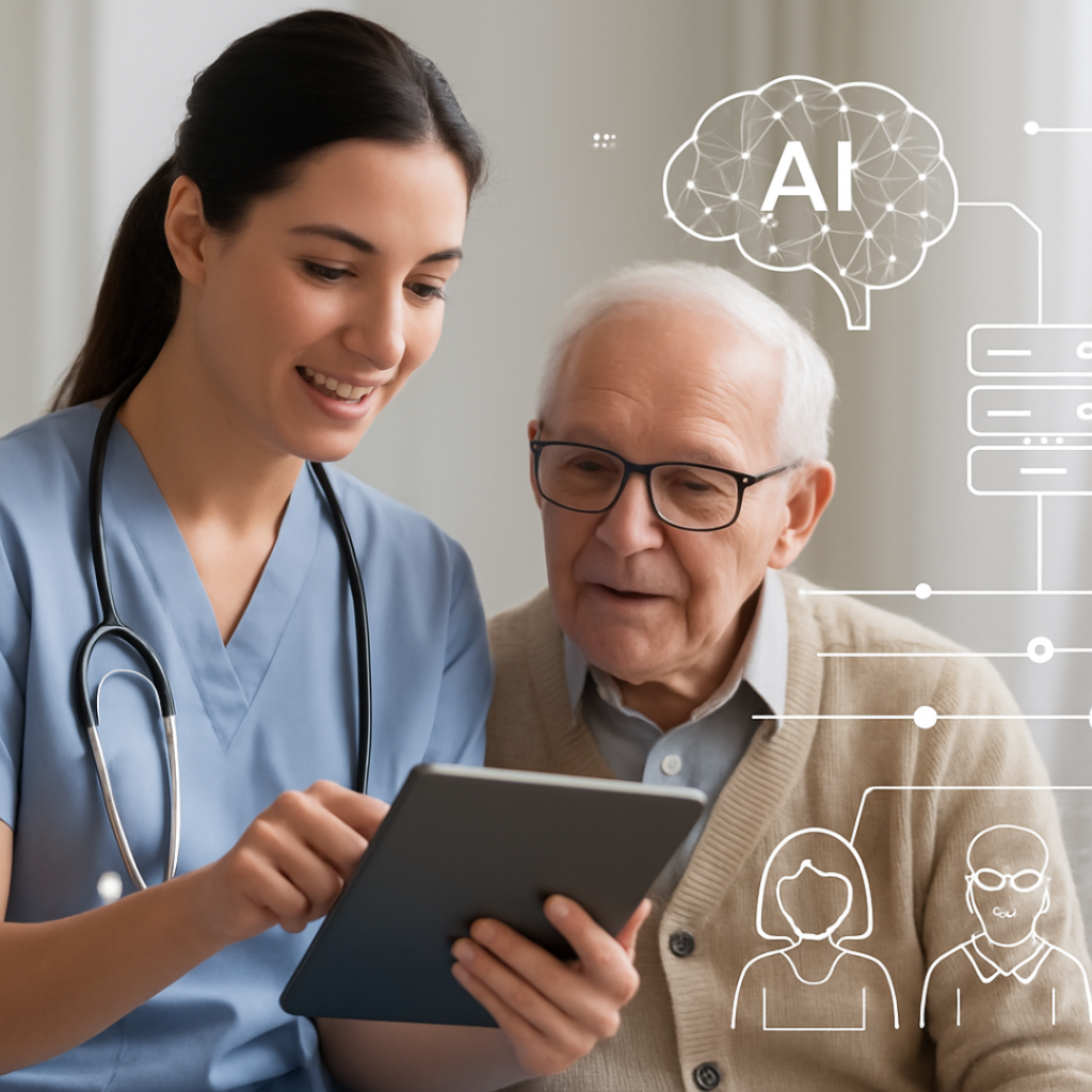 A health professional using a tablet or digital system with an older person in a clinical or home care setting.