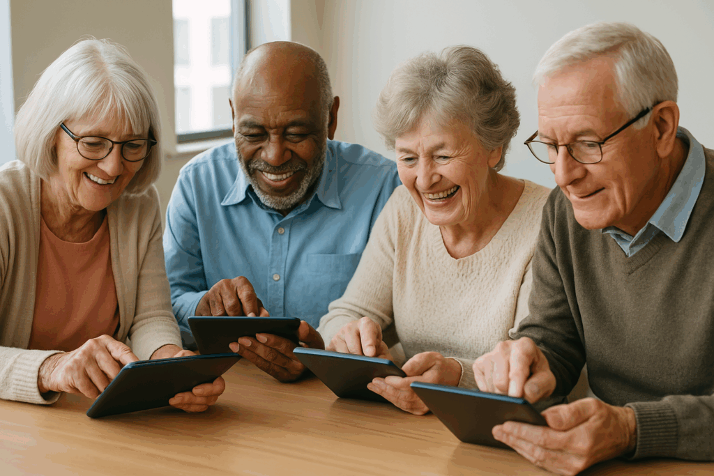 a group of older adults using technological devices