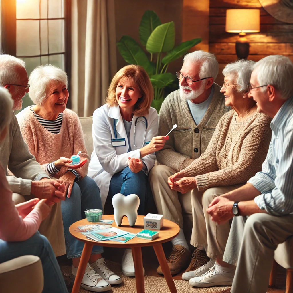 a group of older adults meeting with a dentist